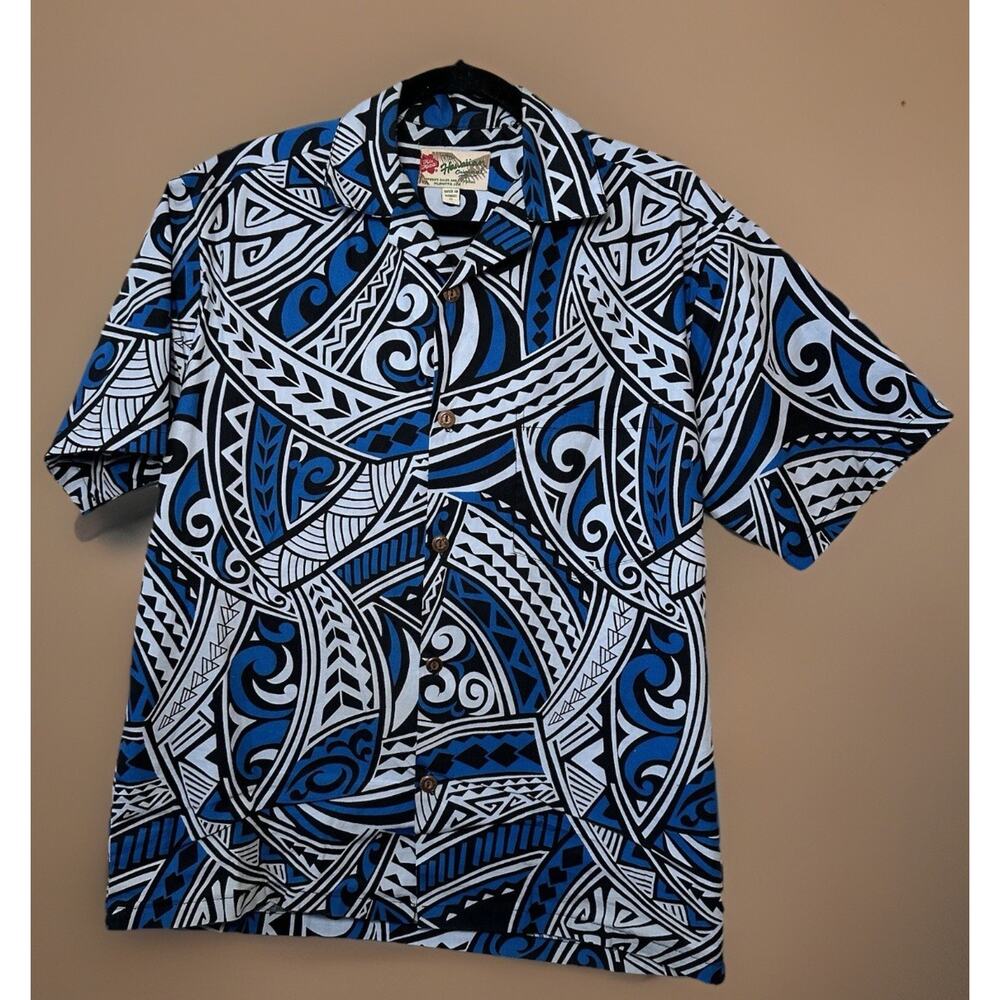 Hilo Hattie Hawaiian Shirt Blue Tribal Native Print SS USA Men’s Size Small